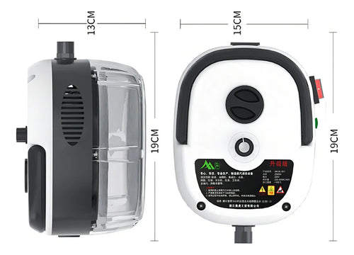 Limpiador a vapor 2500W de Vaporia, vista frontal y lateral con sus medidas